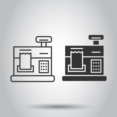 Yazar kasa simgesi düz stil. Beyaz izole edilmiş arkaplanda makine vektör çizimini kontrol et. Ödeme iş kavramı.