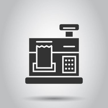 Yazar kasa simgesi düz stil. Beyaz izole edilmiş arkaplanda makine vektör çizimini kontrol et. Ödeme iş kavramı.