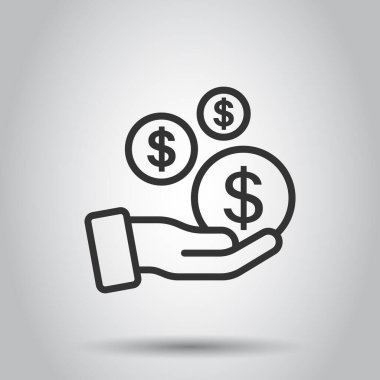 Düz bir siluet simgesi. Beyaz izole edilmiş arka planda elde vektör illüstrasyonundaki para. Madeni para bordrosu iş konsepti.