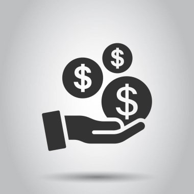Düz bir siluet simgesi. Beyaz izole edilmiş arka planda elde vektör illüstrasyonundaki para. Madeni para bordrosu iş konsepti.