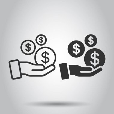 Düz bir siluet simgesi. Beyaz izole edilmiş arka planda elde vektör illüstrasyonundaki para. Madeni para bordrosu iş konsepti.