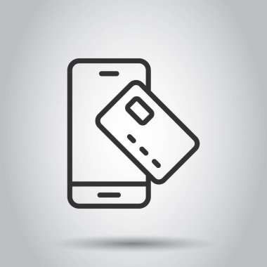 Düz stil akıllı telefon ödeme ikonu. Beyaz izole edilmiş arka planda NFC kredi kartı vektör çizimi. Bankacılık konsepti.
