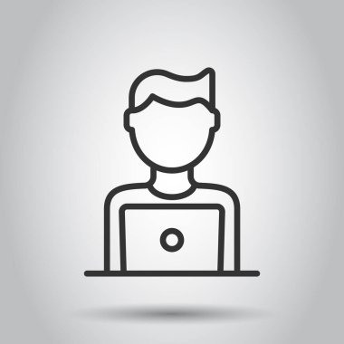 Düz stil dizüstü bilgisayar ikonu olan insanlar. Beyaz izole edilmiş arkaplanda Pc kullanıcı vektör çizimi. Ofis yöneticisi iş konsepti.