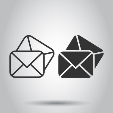Düz biçimli e- posta ileti simgesi. Beyaz izole edilmiş arkaplan üzerindeki posta vektör illüstrasyonunu göster. İleti yazışmaları iş konsepti.