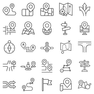 Yön bulma simgesi düz bir şekilde ayarlandı. İzole edilmiş beyaz arka planda GPS yön vektör çizimi. İğne konumu iş konseptini belirle.