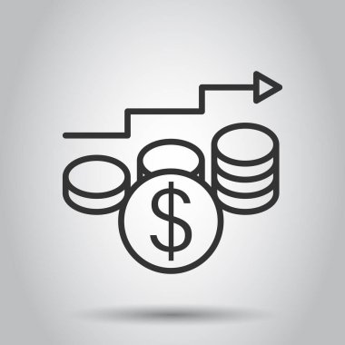 Gelir artışı simgesi düz bir şekilde. Beyaz izole edilmiş arka planda finansal performans vektör çizimi. Büyüyen ok iş kavramına sahip madeni para.