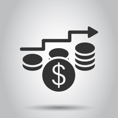 Gelir artışı simgesi düz bir şekilde. Beyaz izole edilmiş arka planda finansal performans vektör çizimi. Büyüyen ok iş kavramına sahip madeni para.