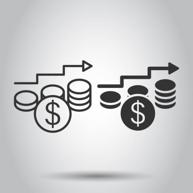 Gelir artışı simgesi düz bir şekilde. Beyaz izole edilmiş arka planda finansal performans vektör çizimi. Büyüyen ok iş kavramına sahip madeni para.