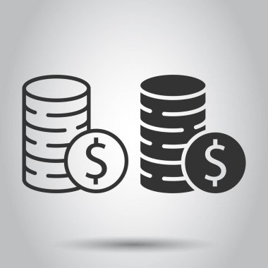 Bozuk para yığın simgesi düz stil. Beyaz izole edilmiş arka planda dolar sikke vektör çizimi. Para yığılmış iş konsepti.