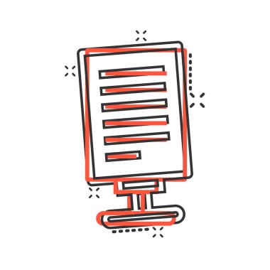 Çizgi roman tarzında ilan panosu simgesi. Beyaz izole arkaplanda şehir ışığı karikatür vektör çizimi. Pankart sıçrama etkisi iş konsepti.