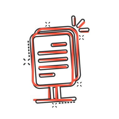 Çizgi roman tarzında ilan panosu simgesi. Beyaz izole arkaplanda şehir ışığı karikatür vektör çizimi. Pankart sıçrama etkisi iş konsepti.