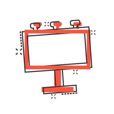 Çizgi roman tarzında ilan panosu simgesi. Beyaz izole arkaplanda şehir ışığı karikatür vektör çizimi. Pankart sıçrama etkisi iş konsepti.