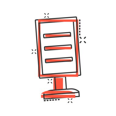 Çizgi roman tarzında ilan panosu simgesi. Beyaz izole arkaplanda şehir ışığı karikatür vektör çizimi. Pankart sıçrama etkisi iş konsepti.