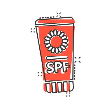Güneş koruma ikonu komik bir şekilde. Beyaz izole edilmiş arka planda güneş kremi çizgi film vektör çizimi. Spf care sıçrama etkisi iş konsepti.