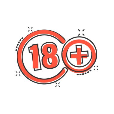 Çizgi roman tarzında 18 artı ikon. Beyaz izole arkaplanda 18 + karikatür vektör çizimi. Sansürlü sıçrama etkisi iş konsepti.