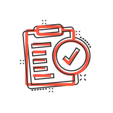 Çizgi roman tarzında belge onay kutusu simgesi. Beyaz izole edilmiş arka planda çizgi film vektör illüstrasyonunu test et. Sözleşme sıçrama etkisi iş konsepti.