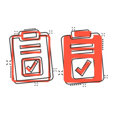 Çizgi roman tarzında belge onay kutusu simgesi. Beyaz izole edilmiş arka planda çizgi film vektör illüstrasyonunu test et. Sözleşme sıçrama etkisi iş konsepti.