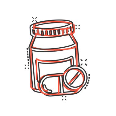 Komedi tarzında hap şişesi ikonu. Beyaz izole edilmiş arka planda uyuşturucu karikatürü vektör çizimi. Eczane su sıçratma etkisi iş konsepti.