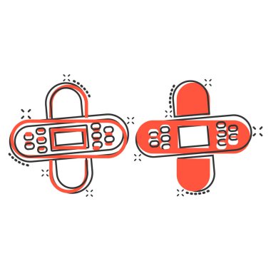 Çizgi roman tarzında bandaj simgesi. Beyaz izole arkaplanda alçı karikatür vektör çizimi. İlk yardım çantası sıçrama efekti iş konsepti.