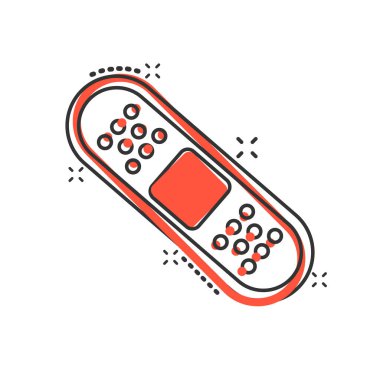 Çizgi roman tarzında bandaj simgesi. Beyaz izole arkaplanda alçı karikatür vektör çizimi. İlk yardım çantası sıçrama efekti iş konsepti.