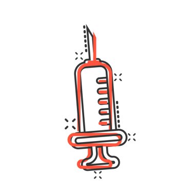 Şırınga ikonu. Beyaz izole edilmiş arka planda iğne karikatürü çizimi yapın. Uyuşturucu dozu sıçrama etkisi iş konsepti.