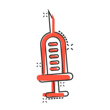 Şırınga ikonu. Beyaz izole edilmiş arka planda iğne karikatürü çizimi yapın. Uyuşturucu dozu sıçrama etkisi iş konsepti.