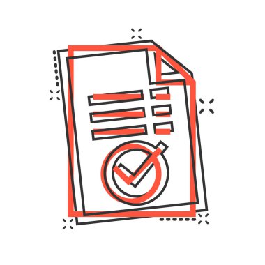 Çizgi roman tarzında onaylanmış belge simgesi. Beyaz izole edilmiş arkaplanda çizgi film vektör illüstrasyonunu onaylayın. Anlaşma denetim işareti sıçrama etkisi iş konsepti.