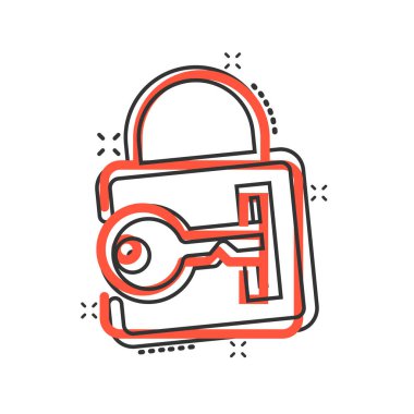 Çizgi roman tarzında kilit simgesi. Beyaz izole arkaplanda asma kilit parola karikatür vektör çizimi. Sıçrama efekti iş konseptini aç.