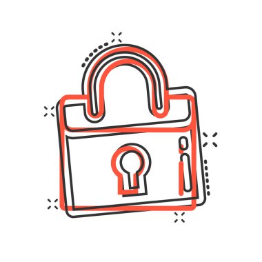 Çizgi roman tarzında kilit simgesi. Beyaz izole arkaplanda asma kilit parola karikatür vektör çizimi. Sıçrama efekti iş konseptini aç.