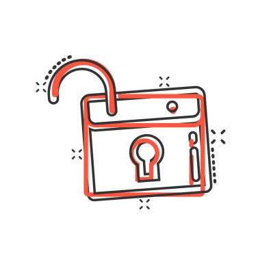 Çizgi roman tarzında kilit simgesi. Beyaz izole arkaplanda asma kilit parola karikatür vektör çizimi. Sıçrama efekti iş konseptini aç.