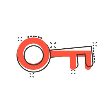 Çizgi roman tarzında anahtar simge. Beyaz izole edilmiş arkaplanda parola çizimi. Sıçrama etkisi iş konseptine erişim.