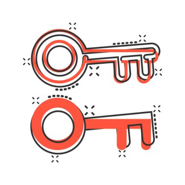 Çizgi roman tarzında anahtar simge. Beyaz izole edilmiş arkaplanda parola çizimi. Sıçrama etkisi iş konseptine erişim.