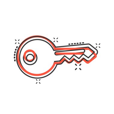 Çizgi roman tarzında anahtar simge. Beyaz izole edilmiş arkaplanda parola çizimi. Sıçrama etkisi iş konseptine erişim.