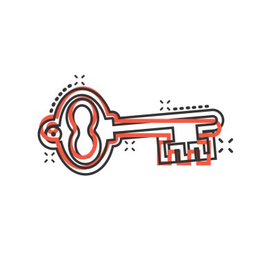 Çizgi roman tarzında anahtar simge. Beyaz izole edilmiş arkaplanda parola çizimi. Sıçrama etkisi iş konseptine erişim.