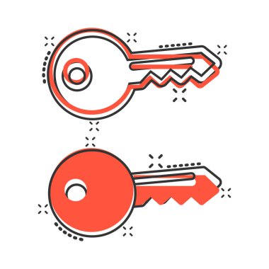 Çizgi roman tarzında anahtar simge. Beyaz izole edilmiş arkaplanda parola çizimi. Sıçrama etkisi iş konseptine erişim.