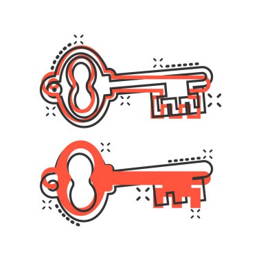 Çizgi roman tarzında anahtar simge. Beyaz izole edilmiş arkaplanda parola çizimi. Sıçrama etkisi iş konseptine erişim.