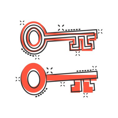 Çizgi roman tarzında anahtar simge. Beyaz izole edilmiş arkaplanda parola çizimi. Sıçrama etkisi iş konseptine erişim.