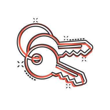 Çizgi roman tarzında anahtar simge. Beyaz izole edilmiş arkaplanda parola çizimi. Sıçrama etkisi iş konseptine erişim.