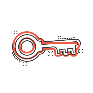 Çizgi roman tarzında anahtar simge. Beyaz izole edilmiş arkaplanda parola çizimi. Sıçrama etkisi iş konseptine erişim.