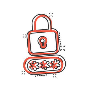 Çizgi roman biçiminde giriş simgesi. Beyaz izole arkaplanda parola erişimi çizgi film vektör illüstrasyonu. Asma kilit giriş sıçrama etkisi iş konsepti.