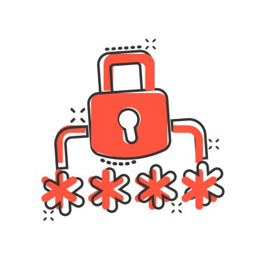 Çizgi roman biçiminde giriş simgesi. Beyaz izole arkaplanda parola erişimi çizgi film vektör illüstrasyonu. Asma kilit giriş sıçrama etkisi iş konsepti.