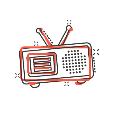 Komik bir radyo ikonu. Beyaz izole edilmiş arka planda çizgi film vektör çizimi. Radyoaktif sıçrama etkisi iş konsepti.