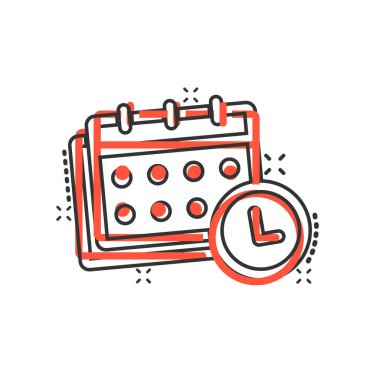 Çizgi roman tarzında takvim simgesi. Beyaz izole edilmiş arka planda ajanda vektör çizimi. Zamanlama planlayıcısı sıçrama etkisi iş konsepti.