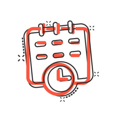 Çizgi roman tarzında takvim simgesi. Beyaz izole edilmiş arka planda ajanda vektör çizimi. Zamanlama planlayıcısı sıçrama etkisi iş konsepti.