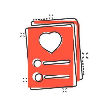 Çizgi roman tarzında istek listesi simgesi. Beyaz izole arkaplandaki karikatür vektör çizimi gibi. Favori liste sıçrama etkisi iş konsepti.