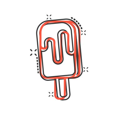 Çizgi roman tarzında dondurma ikonu. Beyaz izole edilmiş arka planda sundae karikatür vektör çizimi. Şerbet tatlısı sıçrama etkisi iş konsepti.