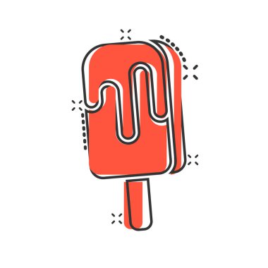 Çizgi roman tarzında dondurma ikonu. Beyaz izole edilmiş arka planda sundae karikatür vektör çizimi. Şerbet tatlısı sıçrama etkisi iş konsepti.