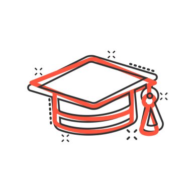 Çizgi roman tarzında mezuniyet şapkası ikonu. Beyaz izole edilmiş arka planda öğrenci şapkası çizimi. Üniversite sıçrama etkisi iş konsepti.