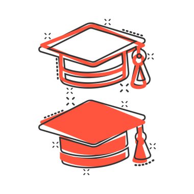 Çizgi roman tarzında mezuniyet şapkası ikonu. Beyaz izole edilmiş arka planda öğrenci şapkası çizimi. Üniversite sıçrama etkisi iş konsepti.