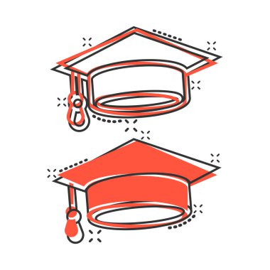 Çizgi roman tarzında mezuniyet şapkası ikonu. Beyaz izole edilmiş arka planda öğrenci şapkası çizimi. Üniversite sıçrama etkisi iş konsepti.
